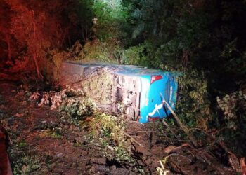 Ônibus tomba na BR-153 em Santa Tereza de Goiás e deixa quatro pessoas feridas