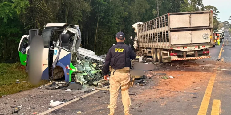 Colisão entre caminhão e micro-ônibus da saúde deixa 23 mortos na BR-373, no Paraná