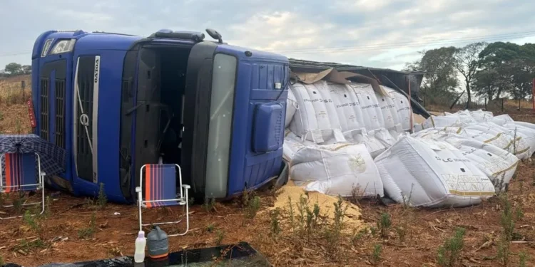 Caminhão carregado de soja perde o freio e tomba em Anápolis